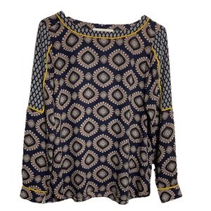 Loft Dark Blue Yellow Medallion Print‎ Long Sleeve Blouse Women's Sz XS A3104